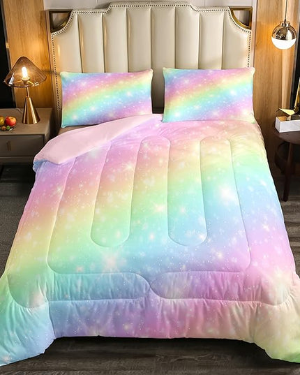 Erosebridal Rainbow Bedding Set for Kids Girls Teens Women Tie Dye Pastel Comforter Set Twin Size Golden Stars Glitter Bedding Comforter Set Watercolor Art Girly Quilt Set Sweet Bedroom Decor 2 Piece - LeafyLoom