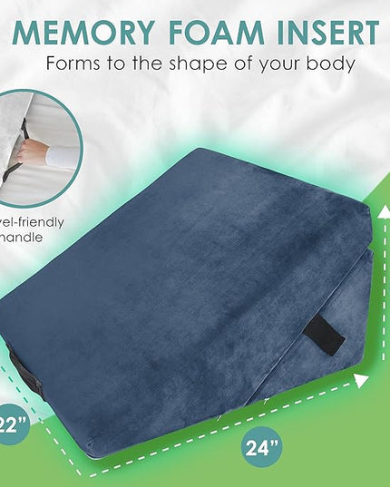 Cushy Form Wedge Pillow for Sleeping - 22 Inch Memory Foam Bed Wedge for Sleeping, Reading, Post Surgery & Leg Elevation - Triangle Pillow with Washable Cover - Blue - LeafyLoom