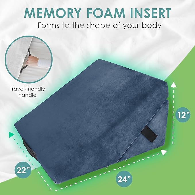 Cushy Form Wedge Pillow for Sleeping - 22 Inch Memory Foam Bed Wedge for Sleeping, Reading, Post Surgery & Leg Elevation - Triangle Pillow with Washable Cover - Blue - LeafyLoom