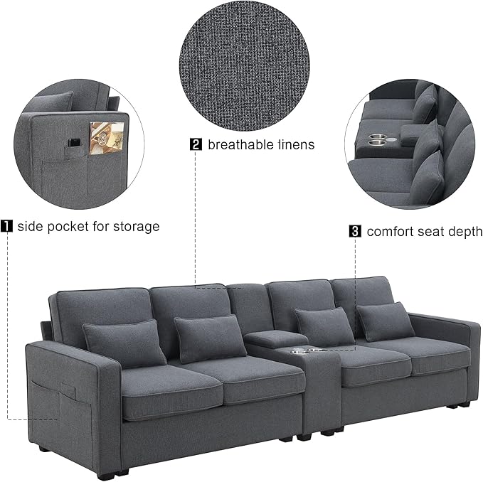 114" Modern Sofa, 4-seat Couch with Console, 2 Cupholders and 2 USB Ports Wired or Wirelessly Charged and 4 Pillows for Living Room, Apartment, 114.2inch, Dark Gray - LeafyLoom