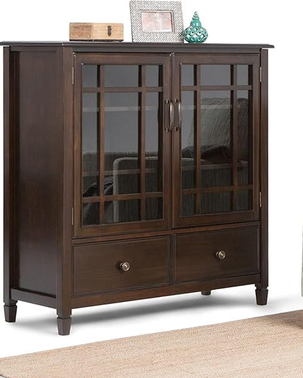 SIMPLIHOME Connaught SOLID WOOD 46 Inch Wide Traditional Tall Storage Cabinet in Dark Chestnut Brown, For the Living Room, Entryway and Family Room - LeafyLoom