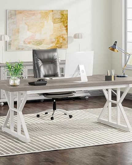 Tribesigns 70.8-Inch Executive Desk, Large Computer Office Desk Workstation, Modern Simple Style Laptop Desk Study Writing Table Business Furniture for Home Office (Grey/White, 70.8 Inch) - LeafyLoom