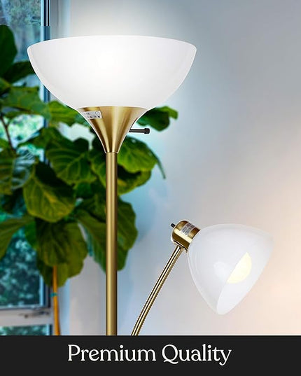 Brightech Sky Dome Plus LED Floor lamp, Torchiere Super Bright Floor Lamp with Reading Lamp for Living Rooms & Offices - Dimmable Tall Standing Lamp for Bedroom Reading - Gold Brass - LeafyLoom