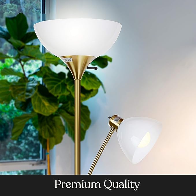 Brightech Sky Dome Plus LED Floor lamp, Torchiere Super Bright Floor Lamp with Reading Lamp for Living Rooms & Offices - Dimmable Tall Standing Lamp for Bedroom Reading - Gold Brass - LeafyLoom