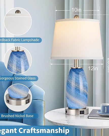 Table Lamps Set of 2, 3-Way Lighting Modes Modern Table Lamps for Bedroom, Blue Bedside Lamps with USB C+A, Glass Nightstand Lamps, 23.5" Table Lamps for Living Room Bedroom Decoration - LeafyLoom