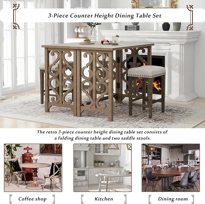 NicBex Small Dining Table for 2 Breakfast Nook Table Set 3-Piece Retro Dining Set Solid Wood Counter Height Pub Set Foldable Table with 2 Saddle Stools for Kitchen, Distressed Brown - LeafyLoom