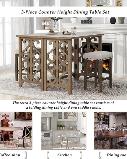 Retro Style 3 Piece Saddle Stools, Solid Wood Counter Height Pub Set Foldable Table, Full Assembly Need, for Kitchen, Dining Room, Small Space, Distressed Brown - LeafyLoom