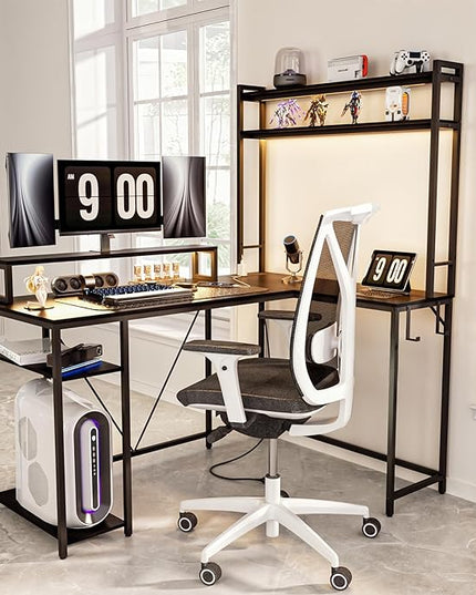 L Shaped Desk with Monitor Stand & Hutch, Computer Gaming Desk with LED Lights & Power Outlets, Home Office Coner Desk with Adjustable Storage Shelves, Black - LeafyLoom