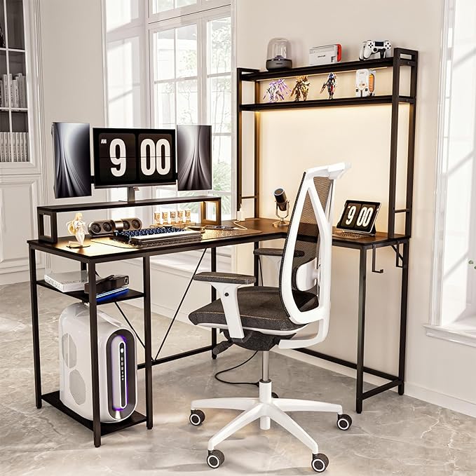 L Shaped Desk with Monitor Stand & Hutch, Computer Gaming Desk with LED Lights & Power Outlets, Home Office Coner Desk with Adjustable Storage Shelves, Black - LeafyLoom