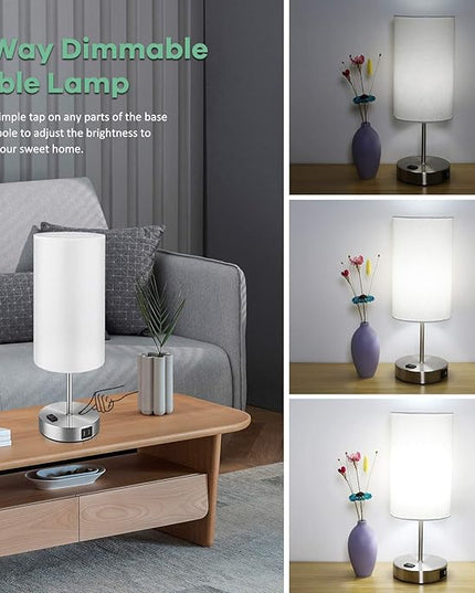 Set of 2 Touch Control Table Lamps with 2 USB Charging Ports&AC Outlet, 3-Way Dimmable Bedside Nightstand Lamps with White Fabric Lampshade for Reading, Bedroom, Living Room, A19 LED Bulbs Included - LeafyLoom