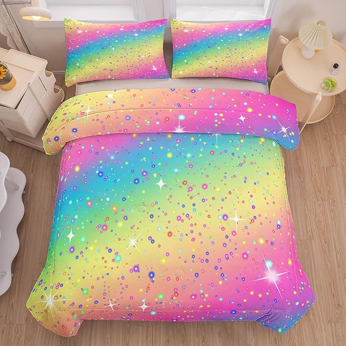 Twin Bedding Set Teen Girls, Galaxy Twinkle Comforter for Kids, Colorful Rainbow Bedding Set for All Season (Twin, 2 Pieces) - LeafyLoom