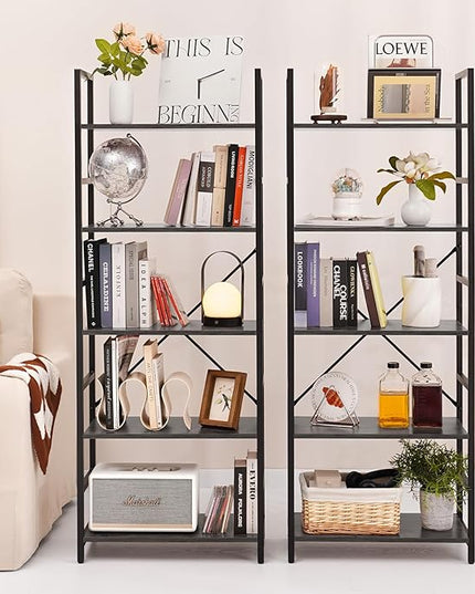 Yoobure 5 Tier Bookshelf - Tall Book Shelf Modern Bookcase for CDs/Movies/Books, Rustic Book Case Industrial Bookshelves Book Storage Organizer for Bedroom Home Office Living Room Grey - LeafyLoom