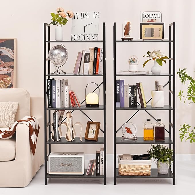Yoobure 5 Tier Bookshelf - Tall Book Shelf Modern Bookcase for CDs/Movies/Books, Rustic Book Case Industrial Bookshelves Book Storage Organizer for Bedroom Home Office Living Room Grey - LeafyLoom