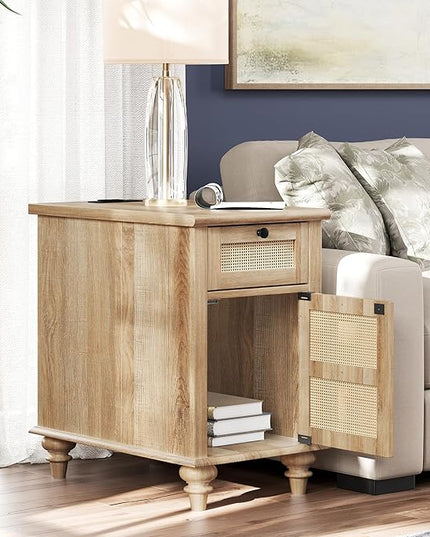 WAMPAT Farmhouse Rattan End Table with Charging Station, Wood Side Table with Drawer & Storage Cabinet, Oak Nightstand with Power Outlets & USB Ports for Living Room, Bedroom, Burlywood - LeafyLoom