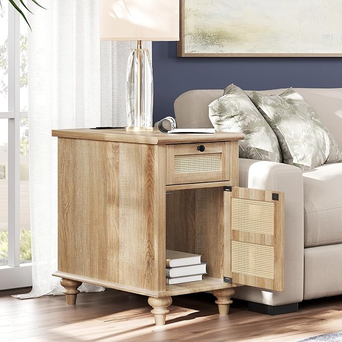 WAMPAT Farmhouse Rattan End Table with Charging Station, Wood Side Table with Drawer & Storage Cabinet, Oak Nightstand with Power Outlets & USB Ports for Living Room, Bedroom, Burlywood - LeafyLoom