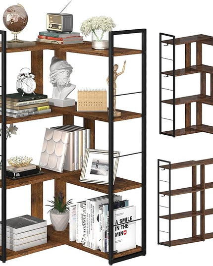 Corner Book Shelf 4 Tier Industrial BookShelf L Shaped Adjustable Bookcase Office Shelves Vintage Wooden Bookshelves for Living Room Bedroom library Rustic Brown - LeafyLoom