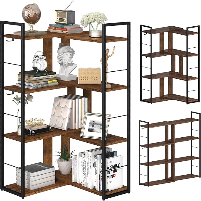 Corner Book Shelf 4 Tier Industrial BookShelf L Shaped Adjustable Bookcase Office Shelves Vintage Wooden Bookshelves for Living Room Bedroom library Rustic Brown - LeafyLoom