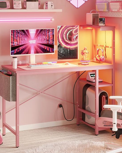 Bestier Pink Gaming Desk with Power Outlets, 44 Inch Led Gamer Desk with 4 Tiers Reversible Shelves, Pink Computer Desk with Headset Hook & Side Storage Bag for Bedroom (Pink 3D Carbon Fiber) - LeafyLoom