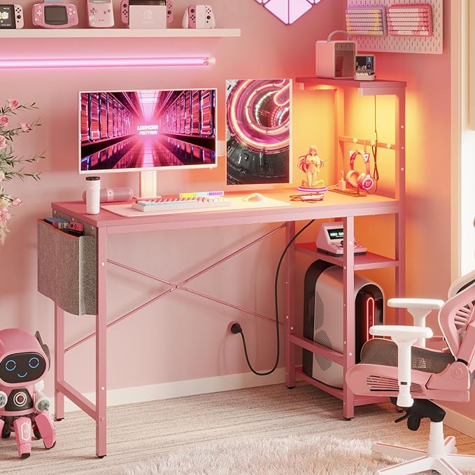 Bestier Pink Gaming Desk with Power Outlets, 44 Inch Led Gamer Desk with 4 Tiers Reversible Shelves, Pink Computer Desk with Headset Hook & Side Storage Bag for Bedroom (Pink 3D Carbon Fiber) - LeafyLoom