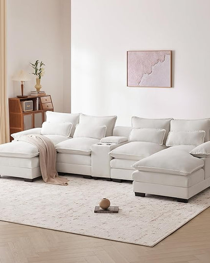U Shaped Modular Sectional Sofa Deep Seat Oversized Symmetrical Corner Couch with Console,Cupholders and USB Ports, 6 Seater Velvet Upholstered Corner Sofa&Couches with Double Chaise Lounge - LeafyLoom