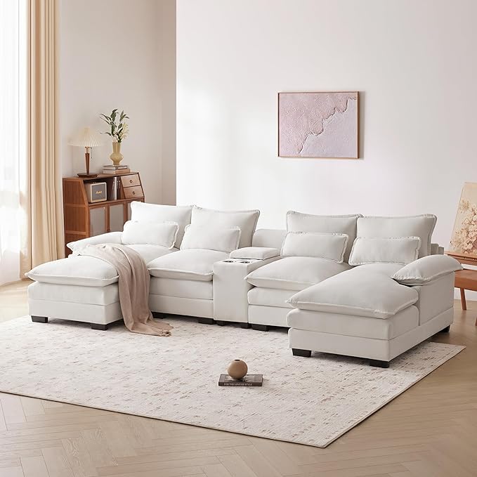 U Shaped Modular Sectional Sofa Deep Seat Oversized Symmetrical Corner Couch with Console,Cupholders and USB Ports, 6 Seater Velvet Upholstered Corner Sofa&Couches with Double Chaise Lounge - LeafyLoom