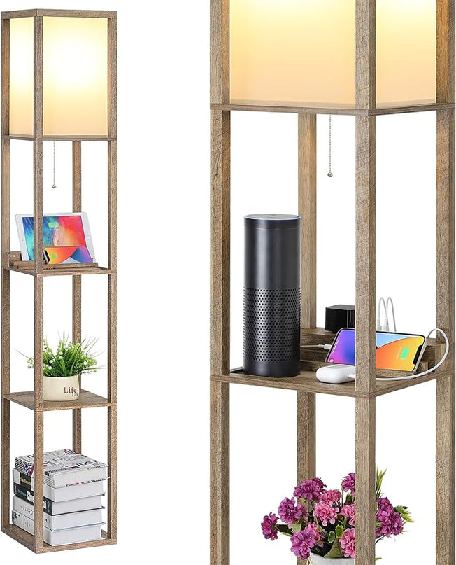 SHINE HAI LED Shelf Floor Lamp, Modern Standing Lamp with 1 USB Port and 1 Type C Port and 1 Power Outlet, 3-Tiered Display Floor Lamps with Shelves for Living Room, Bedroom and Office - Wood - LeafyLoom