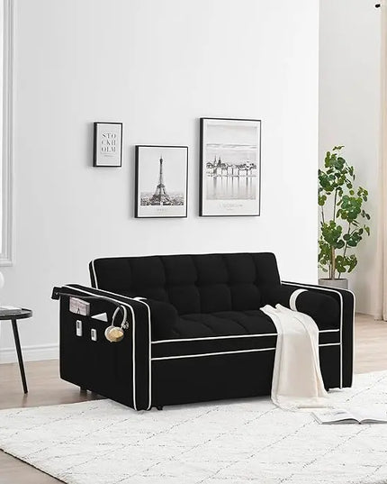 Multi-Functional Convertible Sleeper Sofa Pull Out Bed with Phone Stand and Side Pockets, 3 in 1 Futon Loveseat Couch Pullout Sofabed w/Reclining Backrest and Pillows for Living Room Office RV - LeafyLoom