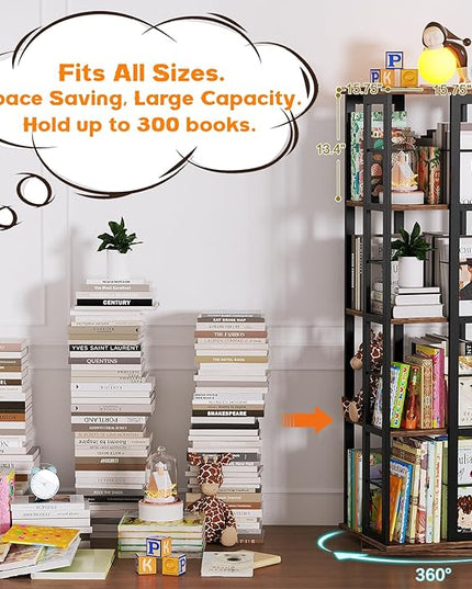 Aheaplus Rotating Bookshelf, Corner Bookshelf, 360 Display Wood Spinning Bookshelf, Floor Standing Bookcase Narrow Shelf Revolving Organizer Storage Rack for Small Space, Bedroom, Study Room - LeafyLoom