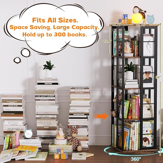 Aheaplus Rotating Bookshelf, Corner Bookshelf, 360 Display Wood Spinning Bookshelf, Floor Standing Bookcase Narrow Shelf Revolving Organizer Storage Rack for Small Space, Bedroom, Study Room - LeafyLoom