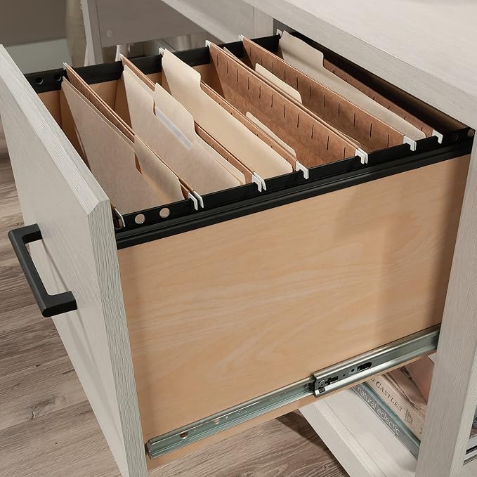 Sauder Summit Station Single Pedestal Desk, Glacier Oak Finish - LeafyLoom