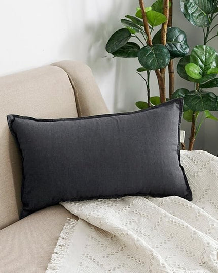 Jeanerlor Natural Cotton Linen Decorative Lumbar Throw Pillow Case Dark Grey Cushion Cover with Twin Needles Stitch on Edge,for Office/Coffee Shop 12"x20" 2 pack - LeafyLoom
