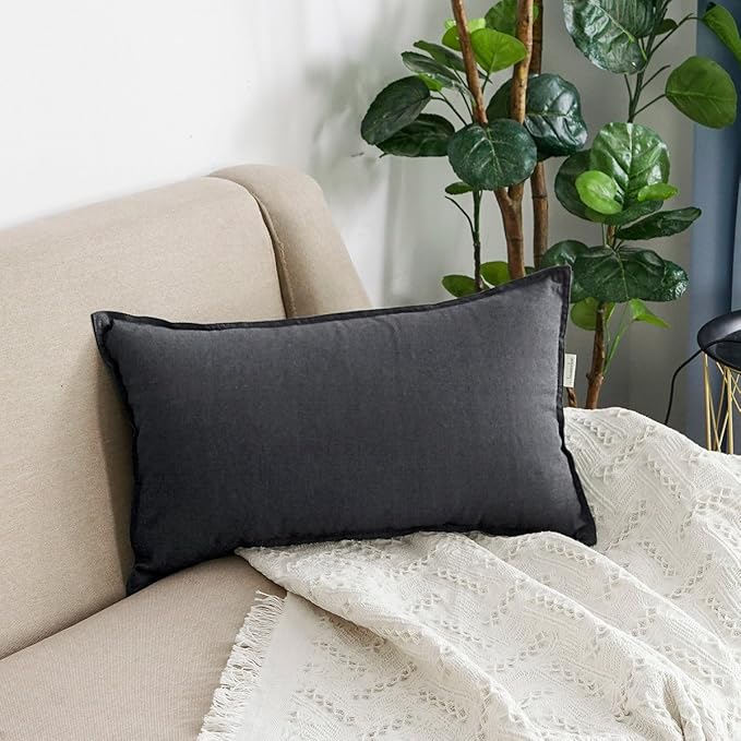 Jeanerlor Natural Cotton Linen Decorative Lumbar Throw Pillow Case Dark Grey Cushion Cover with Twin Needles Stitch on Edge,for Office/Coffee Shop 12"x20" 2 pack - LeafyLoom
