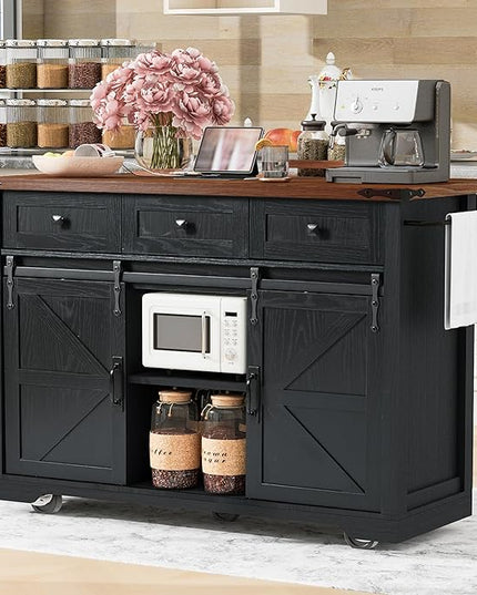 53.7" Farmhouse Kitchen Island with Power Outlet,2 Sliding Barn Door Storage w/Drop Leaf and Spice Rack Rolling Carts on Wheels & Metal Handle,for Home,Dining Room,Black, 50.25" - LeafyLoom