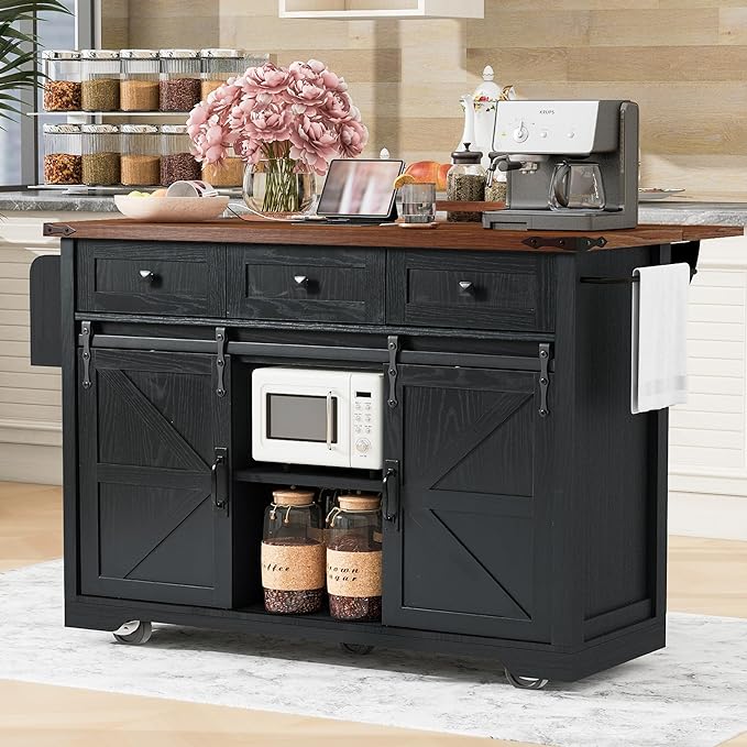 53.7" Farmhouse Kitchen Island with Power Outlet,2 Sliding Barn Door Storage w/Drop Leaf and Spice Rack Rolling Carts on Wheels & Metal Handle,for Home,Dining Room,Black, 50.25" - LeafyLoom