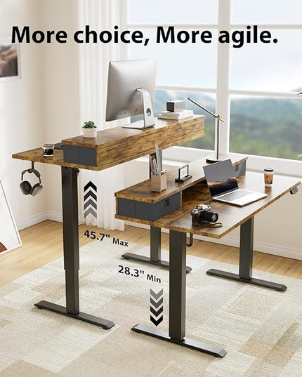63 x 24 Inches Height Adjustable Electric Standing Desk with 2 Drawers, Stand Up Electric Desk Adjustable Height, Sit Stand Computer Gaming Table with Splice Board, Rustic Brown - LeafyLoom