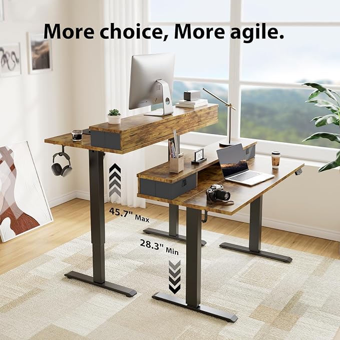 63 x 24 Inches Height Adjustable Electric Standing Desk with 2 Drawers, Stand Up Electric Desk Adjustable Height, Sit Stand Computer Gaming Table with Splice Board, Rustic Brown - LeafyLoom
