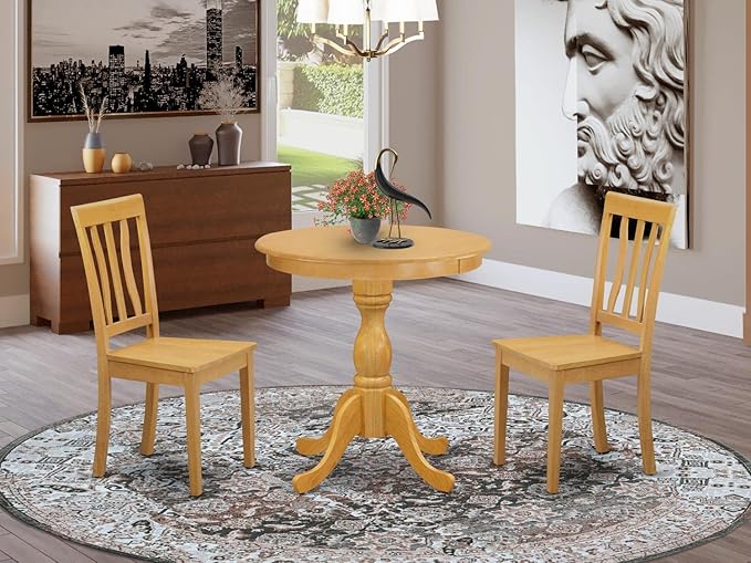 East West Furniture Eden 3 Piece Kitchen Set for Small Spaces Contains a Round Table with Pedestal and 2 Dining Room Chairs, 30x30 Inch, ESAN3-OAK-W - LeafyLoom