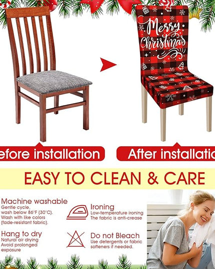 Ganeen 6 Pcs Christmas Chair Covers Merry Christmas Chair Back Cover Stretch Christmas Seat Cover Washable Xmas Dining Chair Protector Slipcover for Dining Room Kitchen Holiday Party(Plaid Style) Ganeen