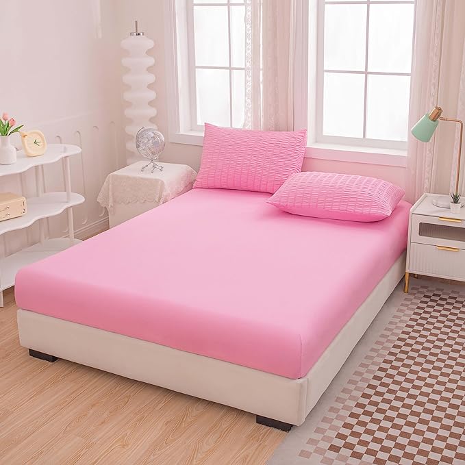 Twin Bed in a Bag Pink Seersucker Comforter Set 5-Pieces Microfiber Lightweight Comforter All Season Bedding Sets with Comforter,Flat Sheet,Fitted Sheet and Pillowcases - LeafyLoom