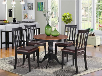 East West Furniture Antique 5 Piece Dining Set for 4 Includes a Round Kitchen Table with Pedestal and 4 Faux Leather Upholstered Dinette Chairs, 36x36 Inch, ANTI5-BLK-LC - LeafyLoom