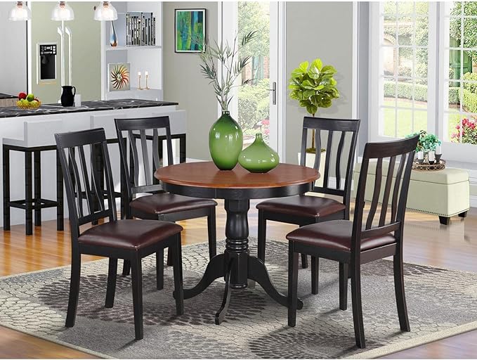 East West Furniture Antique 5 Piece Dining Set for 4 Includes a Round Kitchen Table with Pedestal and 4 Faux Leather Upholstered Dinette Chairs, 36x36 Inch, ANTI5-BLK-LC - LeafyLoom