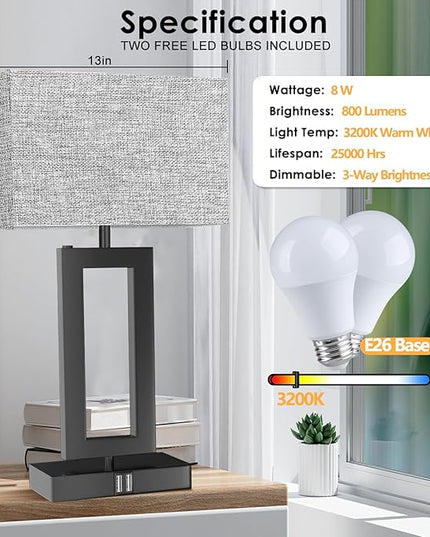 22" Large Lamps for Bedroom Set of 2 Touch Control Table Lamp for Living Room, 3-Way Dimmable Modern Lamps w/ 2 USB Ports, Bedside Nightstand Touch Lamps Gray &Black, End Table Desk Reading Lamp - LeafyLoom