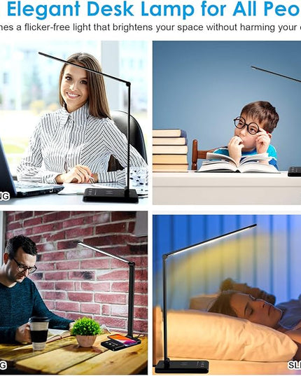 LED Desk Lamp with Wireless Charger, Dimmable Office Lamp with USB Charging Port, Eye- Caring Desk Lamps, Bright with 5 Lighting Modes, Touch Control Auto Timer - LeafyLoom