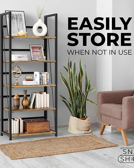 5 Tier Wood Book Shelf Organizer, No Assembly Bookshelf for Bedroom Living Room Office, Rustic Foldable Book Case, Tall Bookshelves, Open Book Shelves, Decorative Folding Shelf Display, Tall Bookcase - LeafyLoom