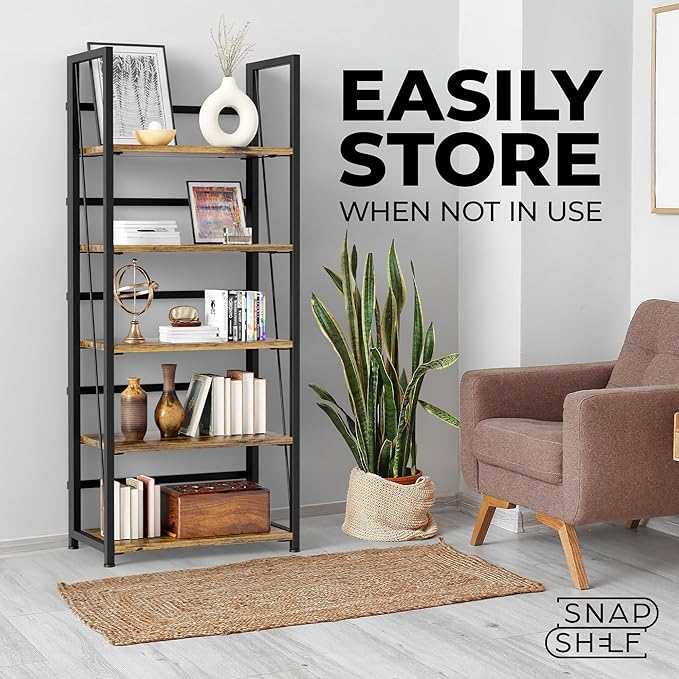 5 Tier Wood Book Shelf Organizer, No Assembly Bookshelf for Bedroom Living Room Office, Rustic Foldable Book Case, Tall Bookshelves, Open Book Shelves, Decorative Folding Shelf Display, Tall Bookcase - LeafyLoom