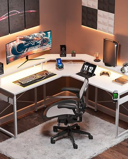 ODK L Shaped Gaming Desk with LED Lights & Power Outlets, 51" Computer Desk with Full Monitor Stand, Corner Desk with Cup Holder, Gaming Table with Hooks, White Carbon Fiber - LeafyLoom