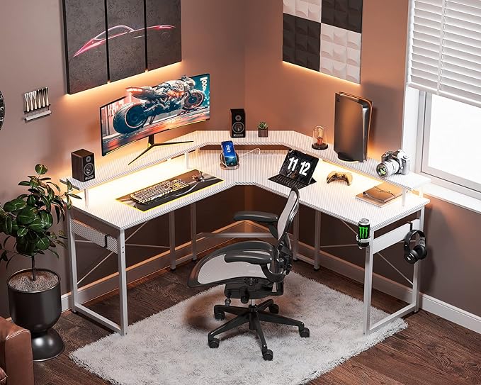 ODK L Shaped Gaming Desk with LED Lights & Power Outlets, 51" Computer Desk with Full Monitor Stand, Corner Desk with Cup Holder, Gaming Table with Hooks, White Carbon Fiber - LeafyLoom