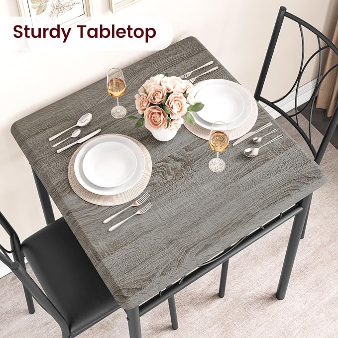 GAOMON Dining Table Set for 2, Kitchen Table and Chairs for 2, Dining Room Table Set with 2 Upholstered Chairs, Square Kitchen Table Set for Small Space, Apartment, Studio, Rustic Gray - LeafyLoom