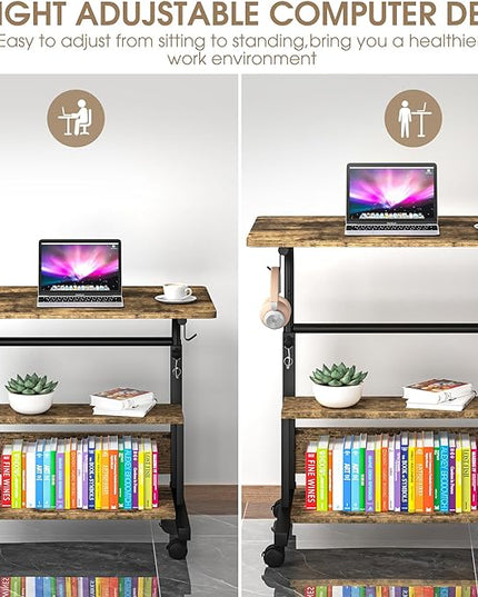 Portable Desk with Storage Shelves, Height Adjustable Desk with Wheels, Small Rolling Desk with Hooks, Standing Desk on Wheels for Home Office, Mobile Computer Table for Small Space - LeafyLoom