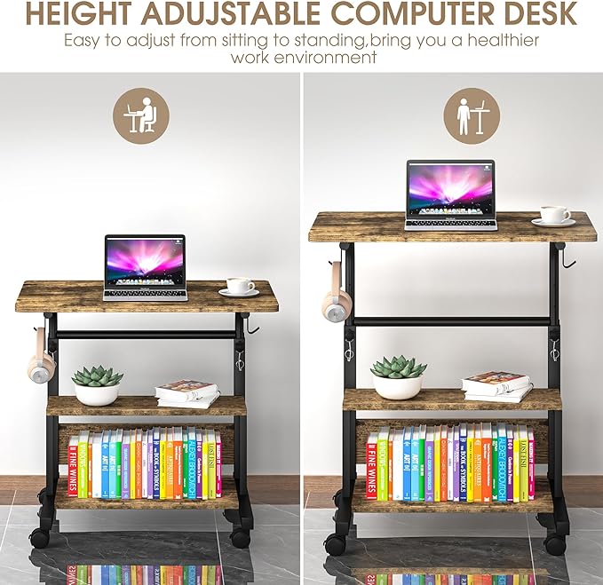 Portable Desk with Storage Shelves, Height Adjustable Desk with Wheels, Small Rolling Desk with Hooks, Standing Desk on Wheels for Home Office, Mobile Computer Table for Small Space - LeafyLoom